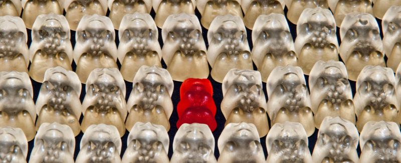 Rows of white gummy bears with one red one.