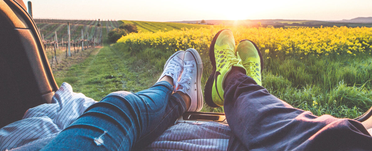 Couple relaxing in the back of a car looking at a field of yellow flowers